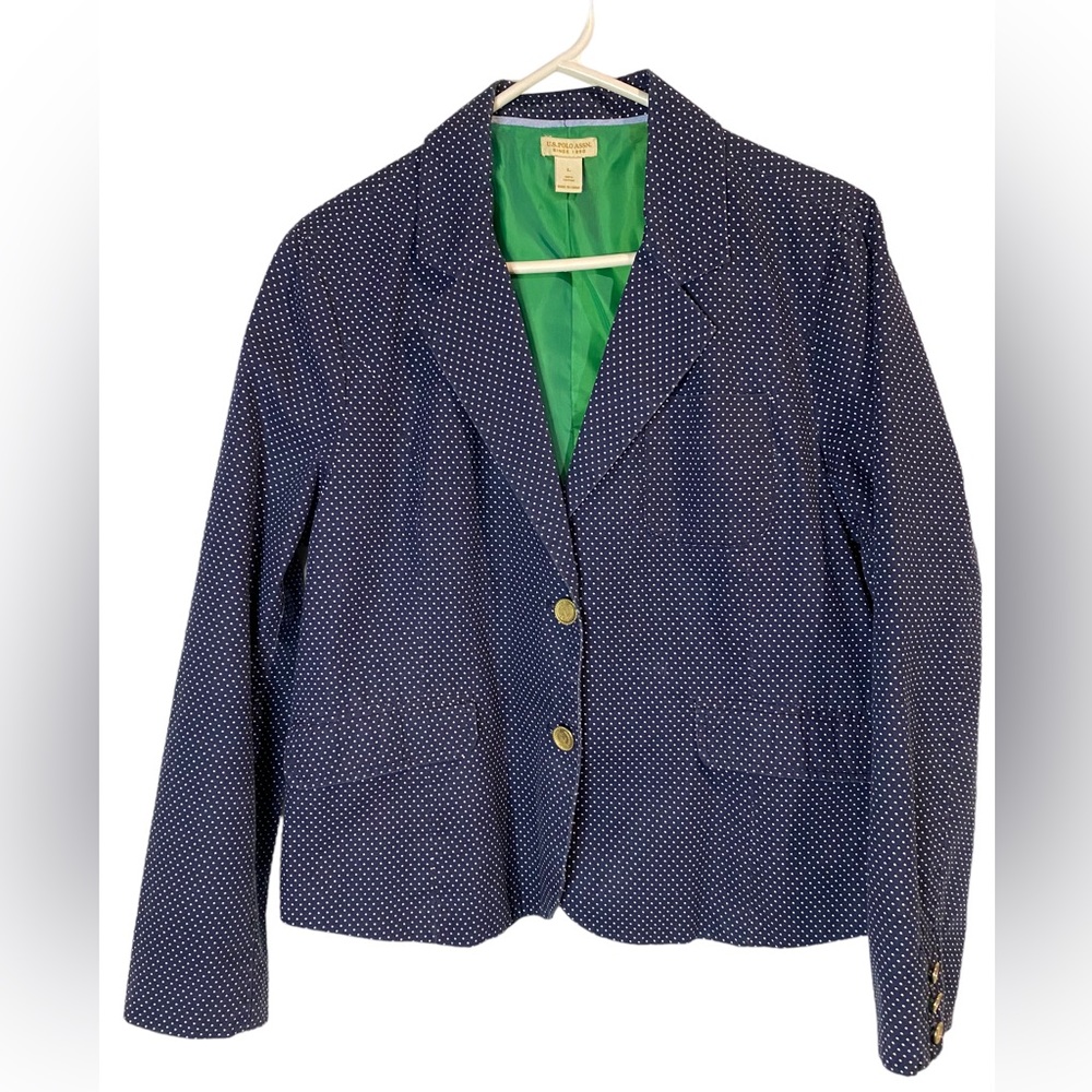 US Polo‎ Assn. Navy Polka Dot Blazer W/ Gold Buttons Green Lining Size L Office